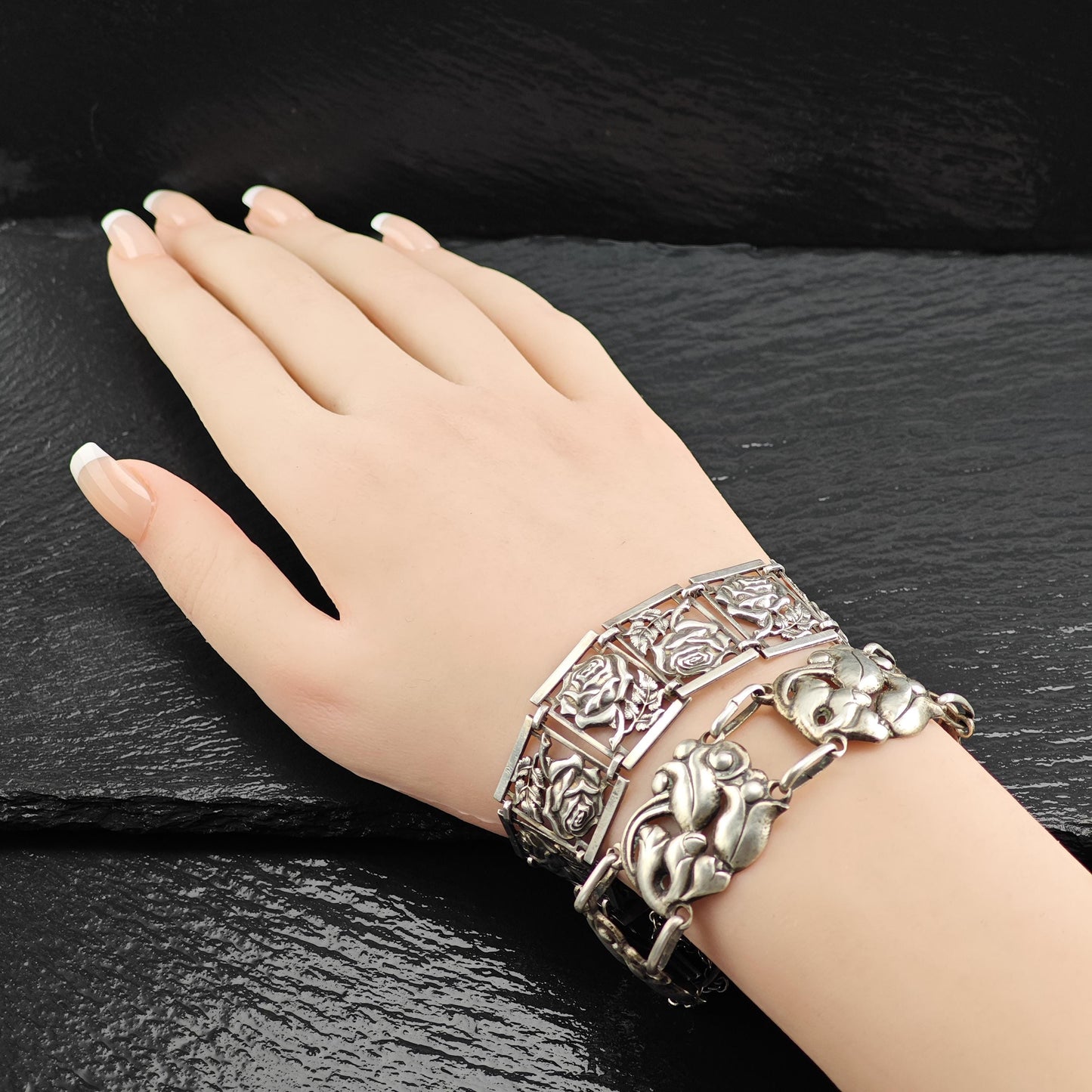 Vintage Art Nouveau Floral Link Bracelet Sterling Silver