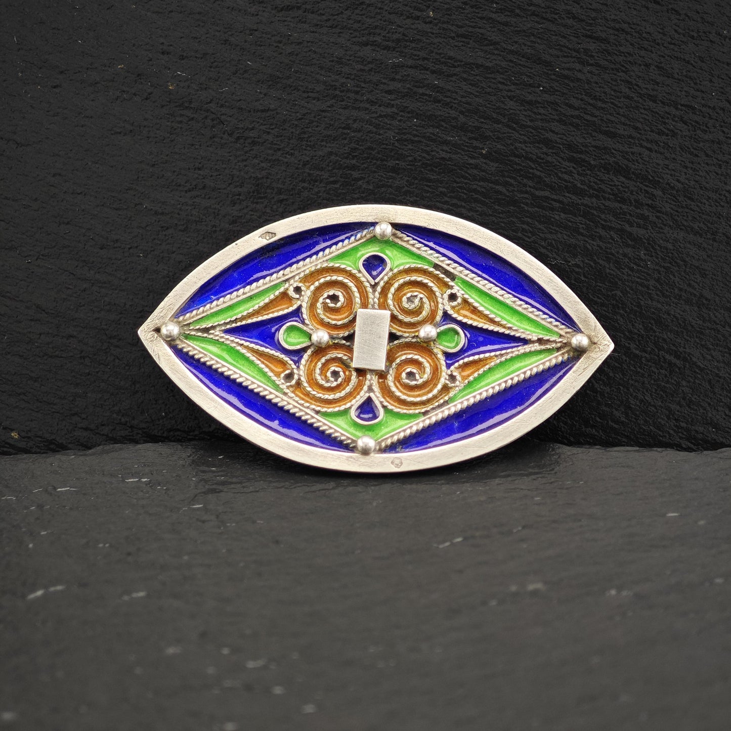 French Sterling Silver Brooch Geometric Multi-Color Enamel Design B2095