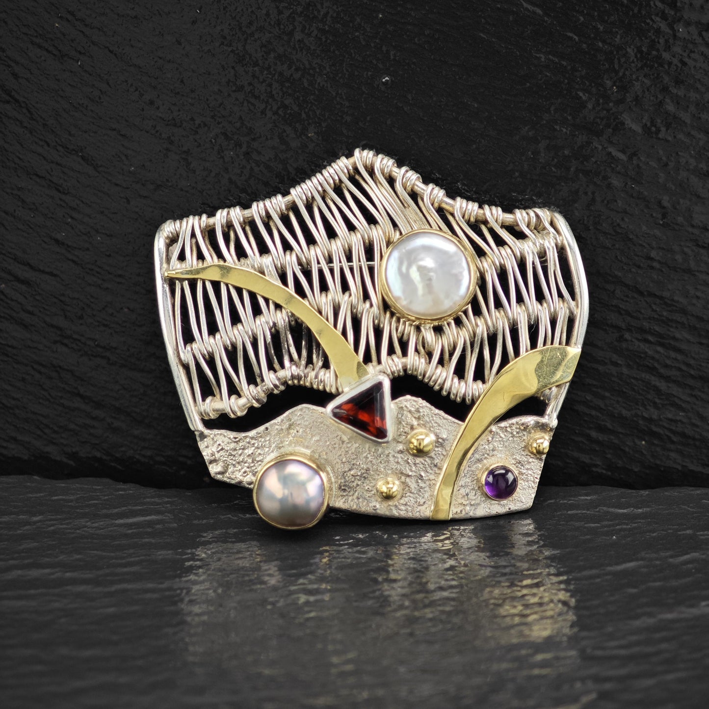 Sterling Silver Abstract Brooch with Multi-Color Pearls MOP Garnet Amethyst
