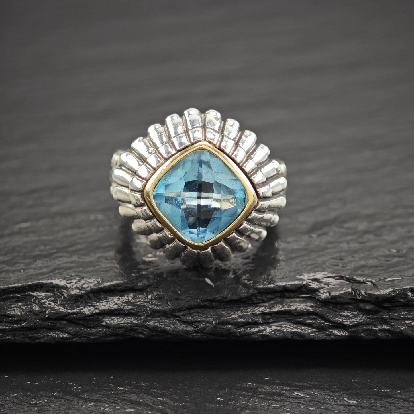 Blue Topaz Silver Ring 14K Gold Bezel Sterling