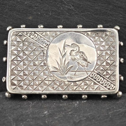 Victorian Antique Memorial, Hair Heron Stork Brooch Sterling Silver