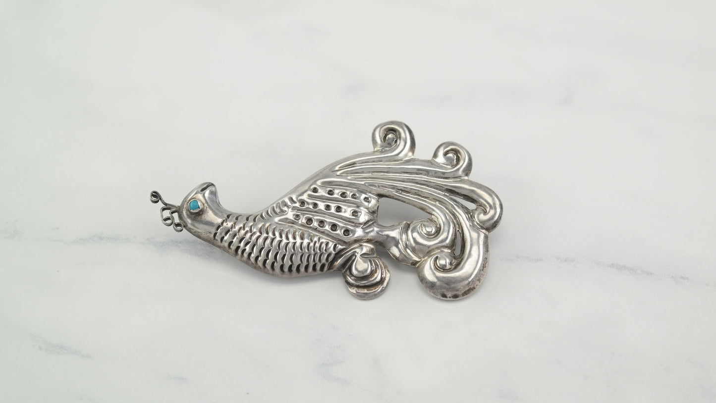 Vintage Sterling Silver Peacock Brooch