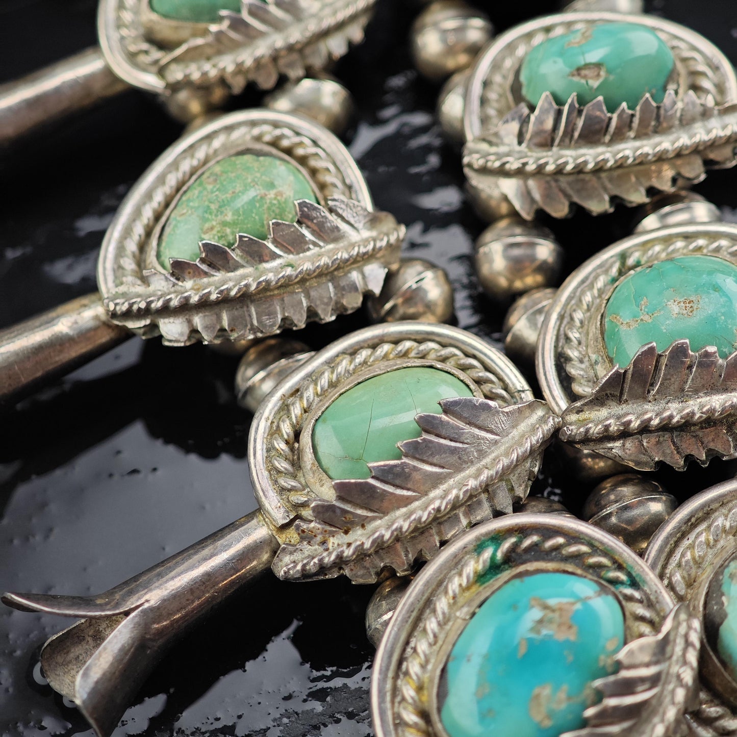Vintage Native American Morenci Turquoise Sterling Silver Squash Blossom Necklace N2728