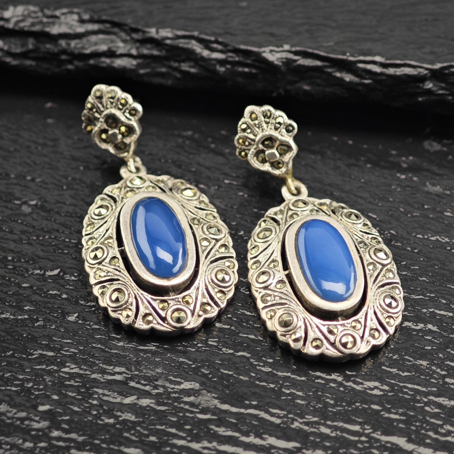 Art Deco Style Marcasite Oval Stud/Dangle Sterling Silver Earrings ER3182