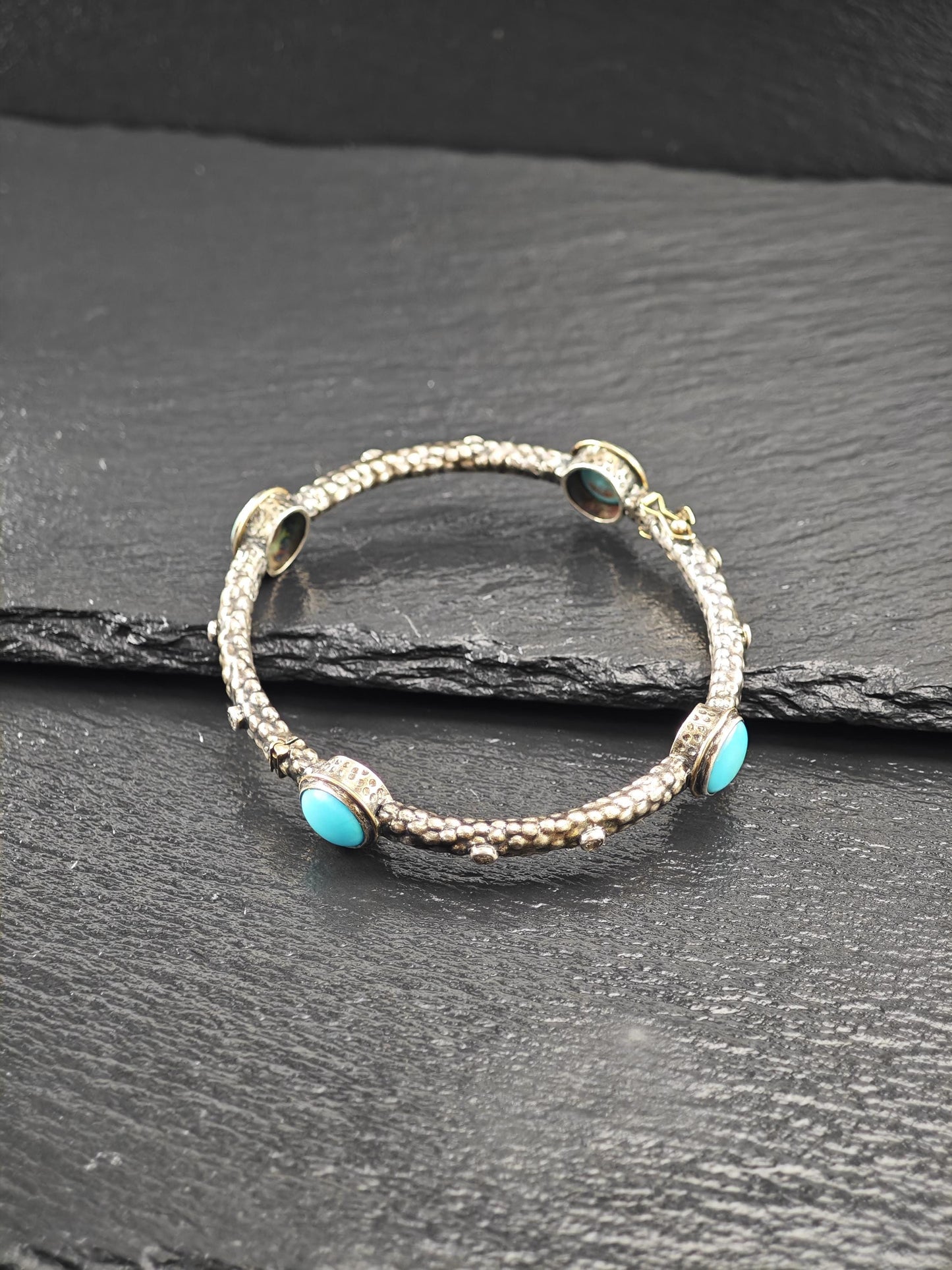 Brutalist Turquoise Diamond 18K Gold Accent Sterling Silver Bangle Bracelet