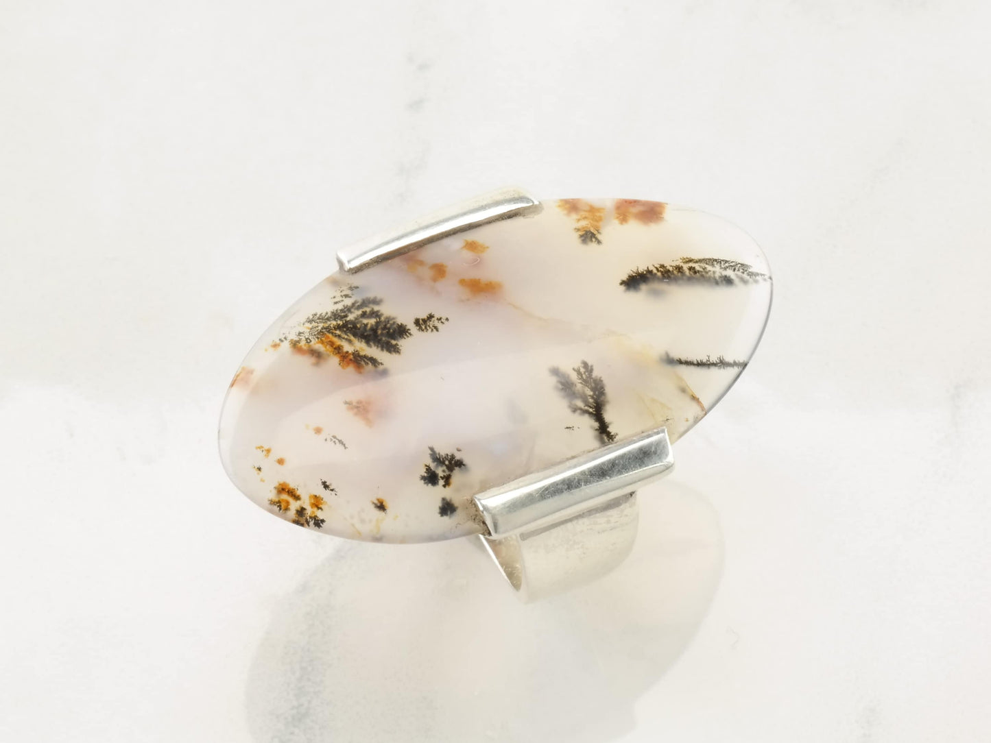 Vintage Sterling Silver Ring Dendritic Agate Size 7 3/4