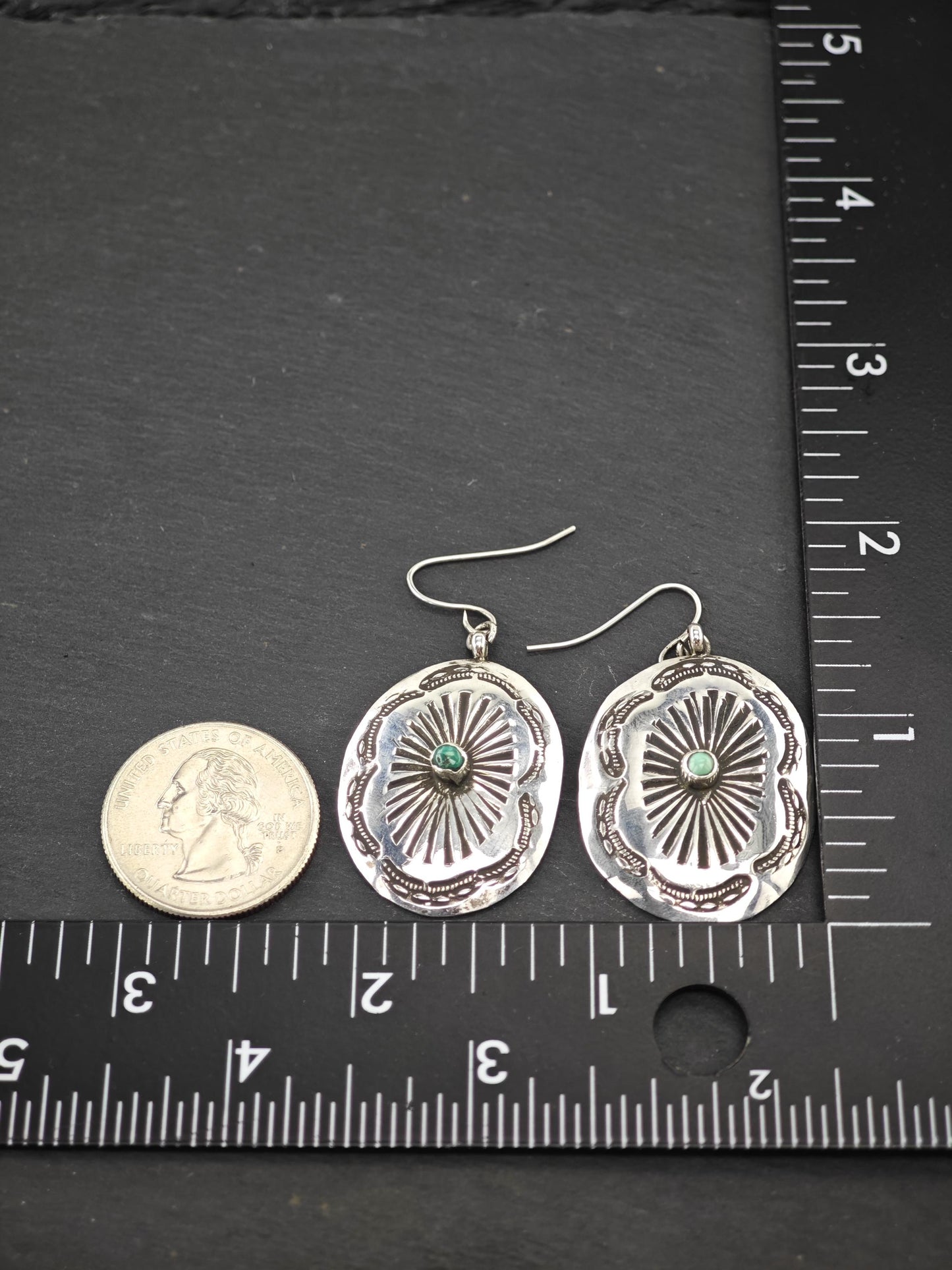 Native American Shield, Stamped Fish Hook Earrings Sterling Silver