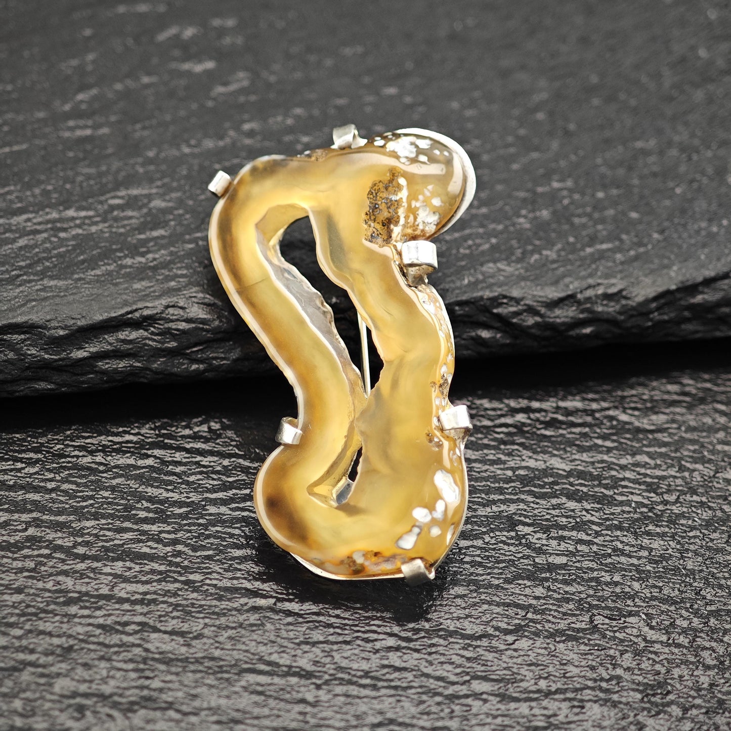 Vintage Tan Clear, Abstract Agate Brooch Sterling Silver