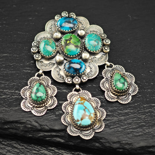 Native American Turquoise Brooch, Floral Stamped Sterling Silver