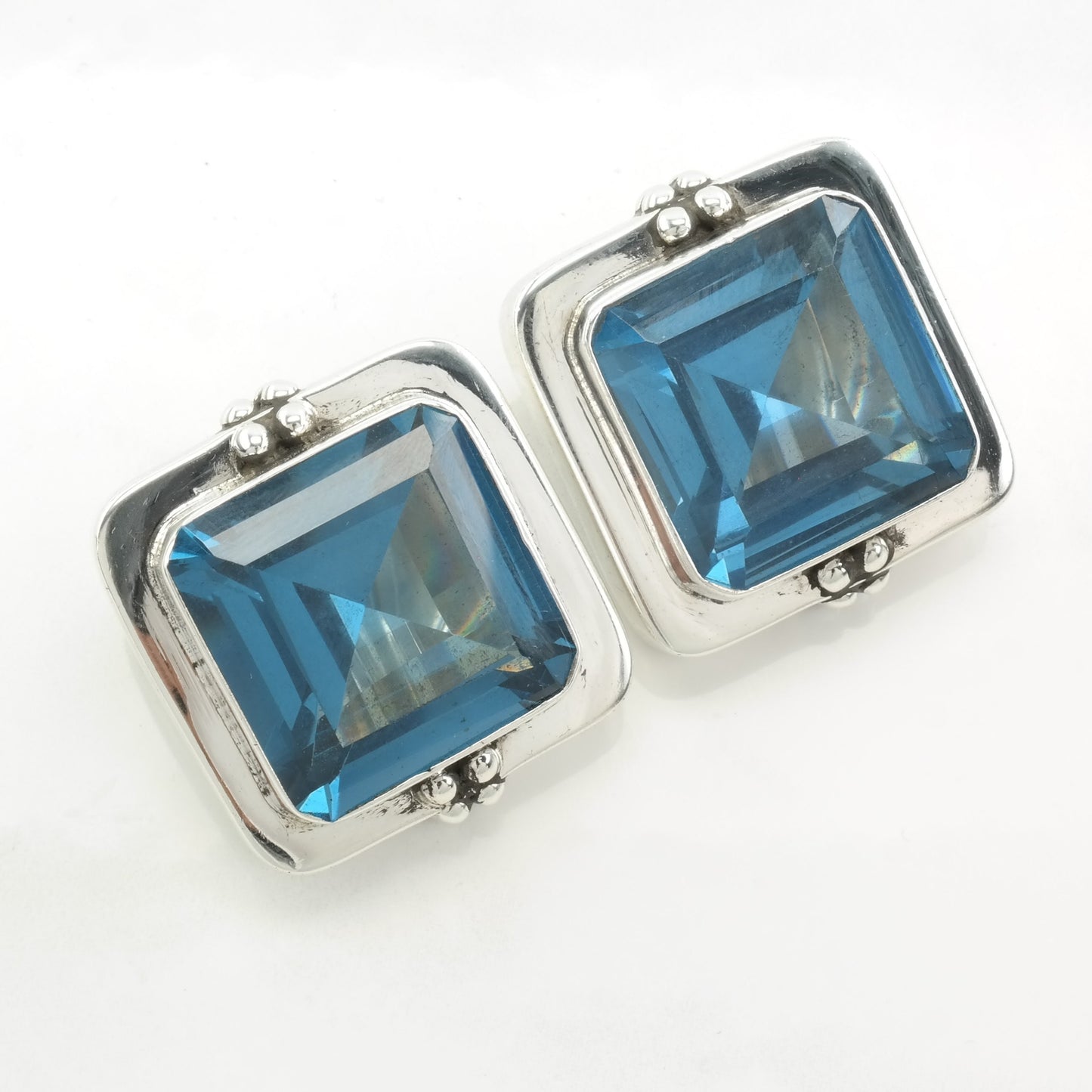 Modernist Sterling Silver Blue Large, Topaz Square Earrings Clip on