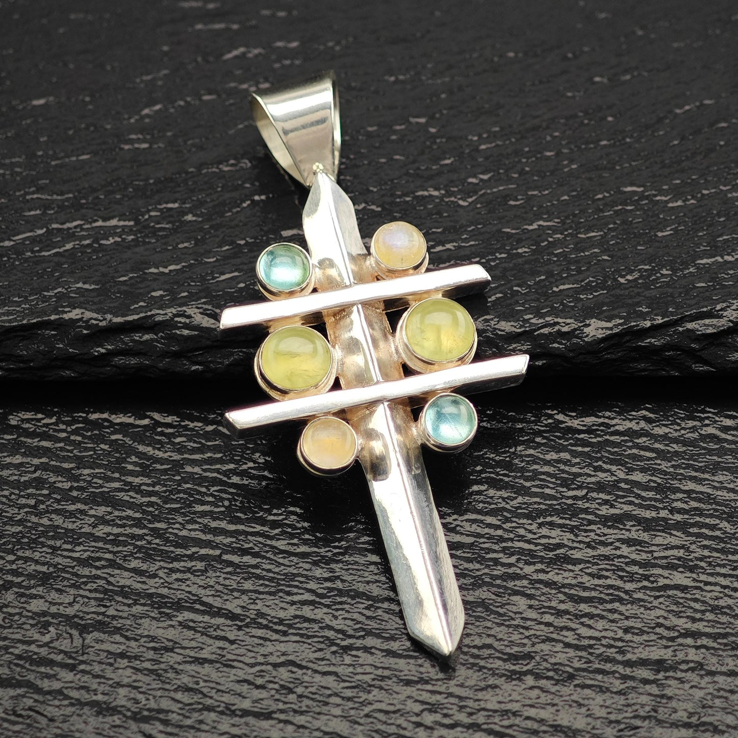 Vintage DTR Moonstone, Prehnite, Topaz Cross Pendant Sterling Silver