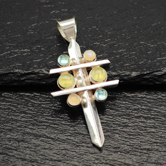 Vintage DTR Moonstone, Prehnite, Topaz Cross Pendant Sterling Silver
