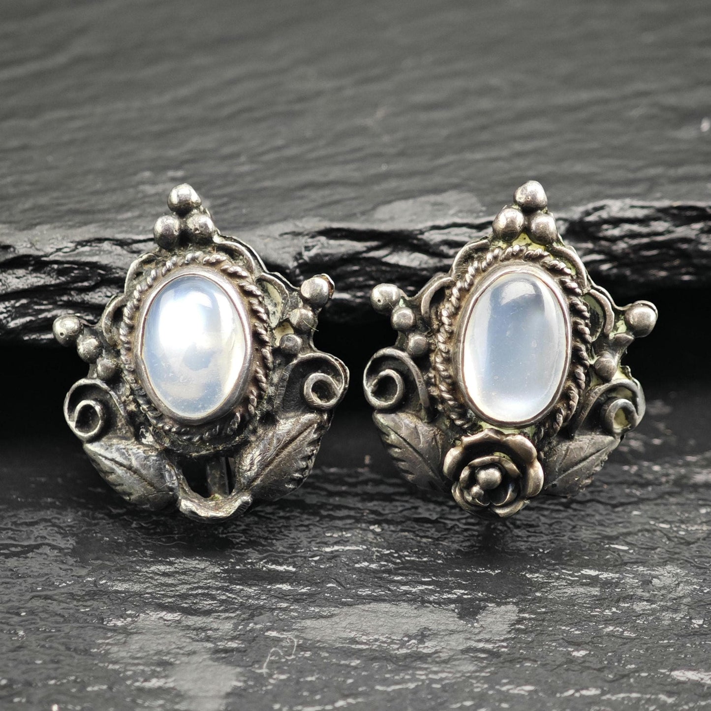 Art Nouveau Moonstone Screw Back Sterling Silver Earrings ER3199