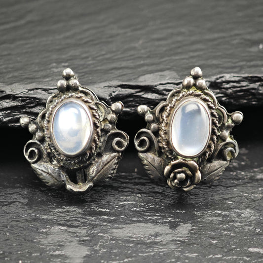 Art Nouveau Moonstone Screw Back Sterling Silver Earrings ER3199