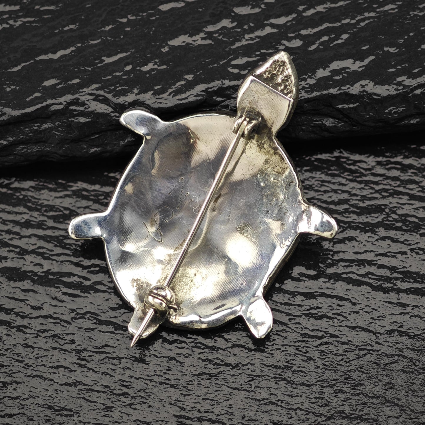 Zuni Sterling Silver Brooch Turtle, Inlay Blue Turquoise