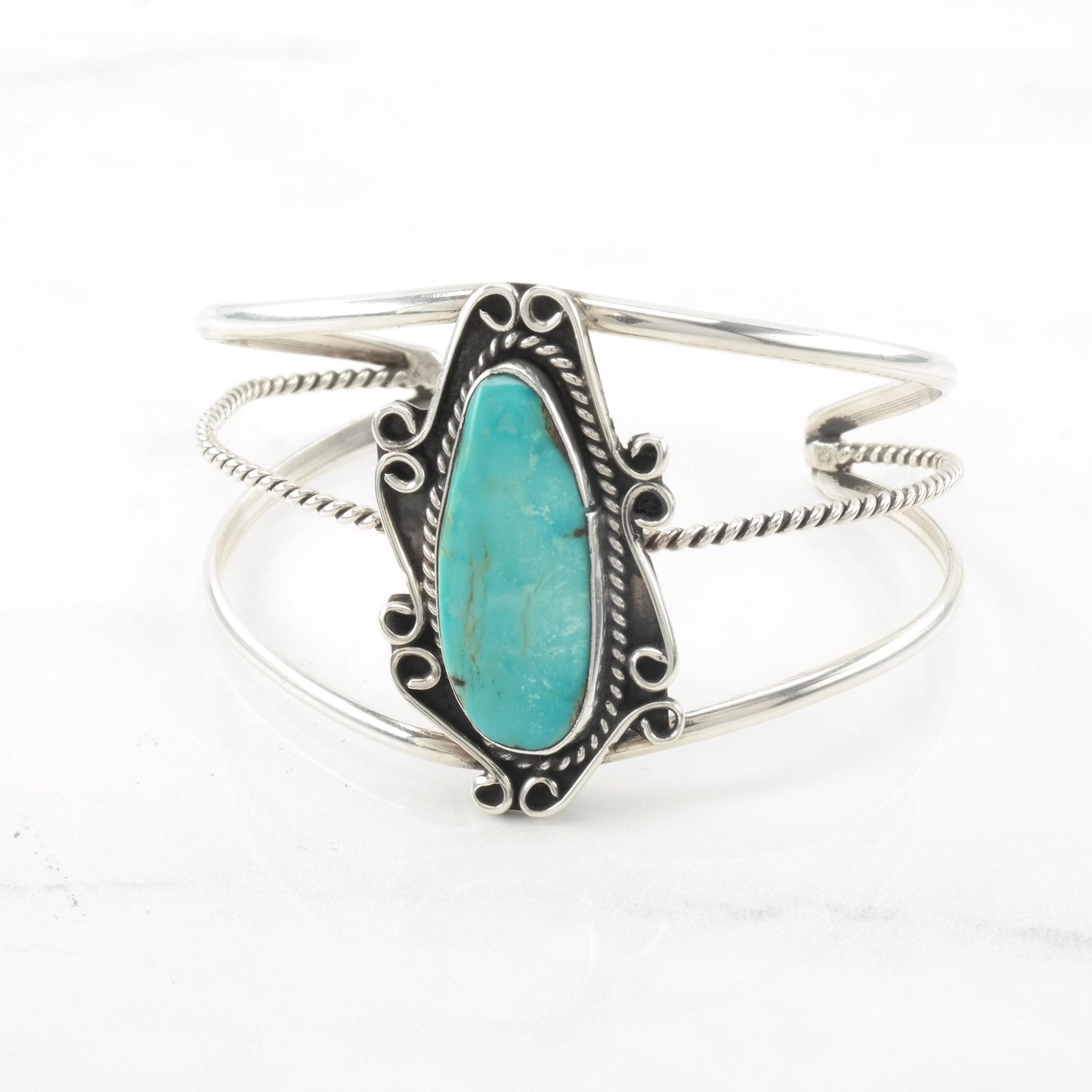 Native American Blue Turquoise, Shadow Box Sterling Silver Cuff Bracelet