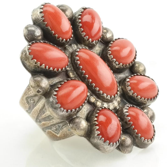 Vintage Native American Silver Ring Coral Floral Sterling Red Size 9 1/4