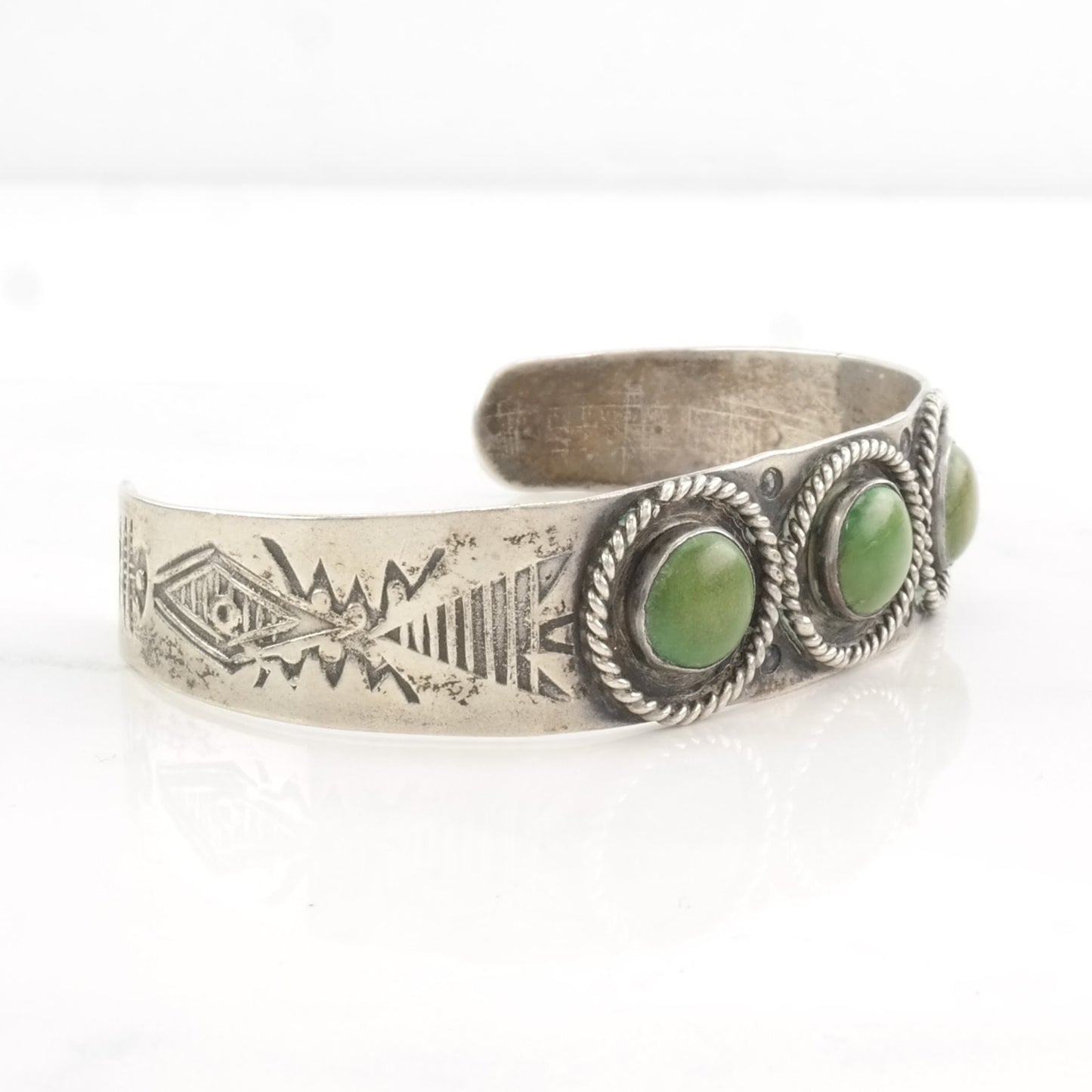 Fred Harvey Era Sterling Silver Cuff Bracelet Green Turquoise Stamped