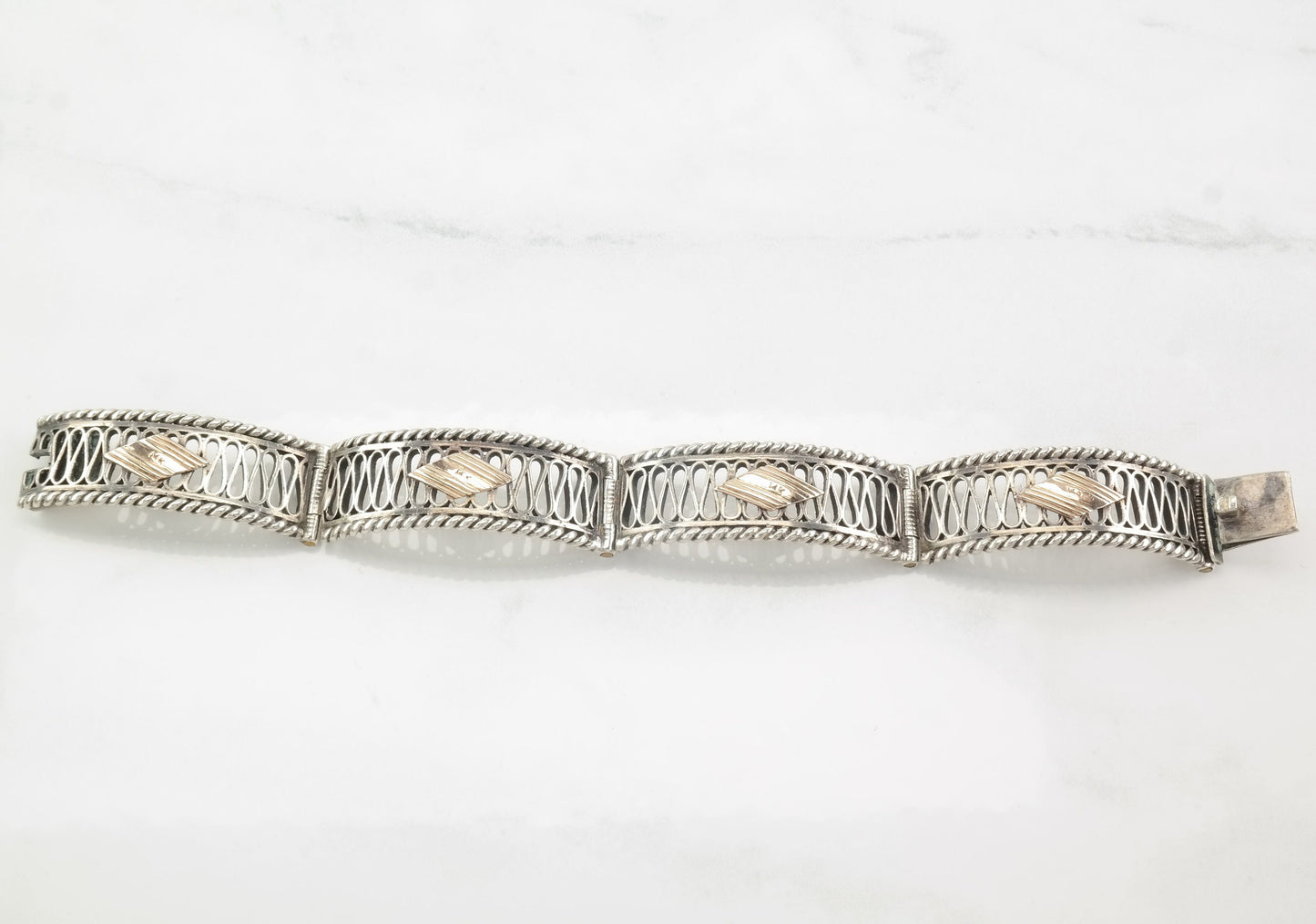 Sterling Silver Panel Bracelet 14K Gold Accent Filigree 6 3/4"