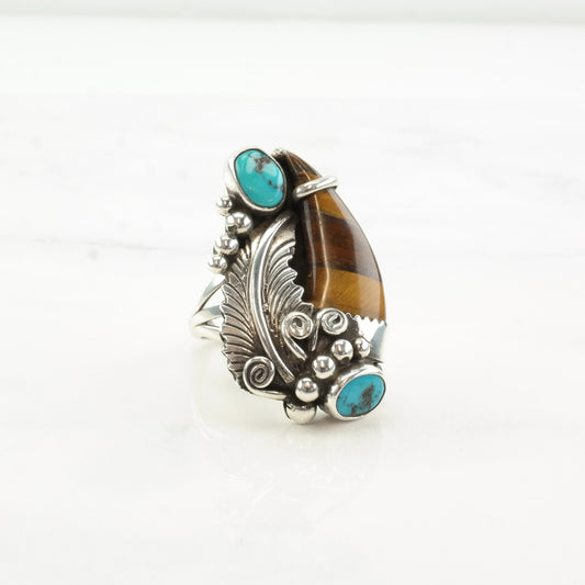 Native American Silver Ring Turquoise Tiger Eye Leaf Swirl Sterling Size 8 3/4