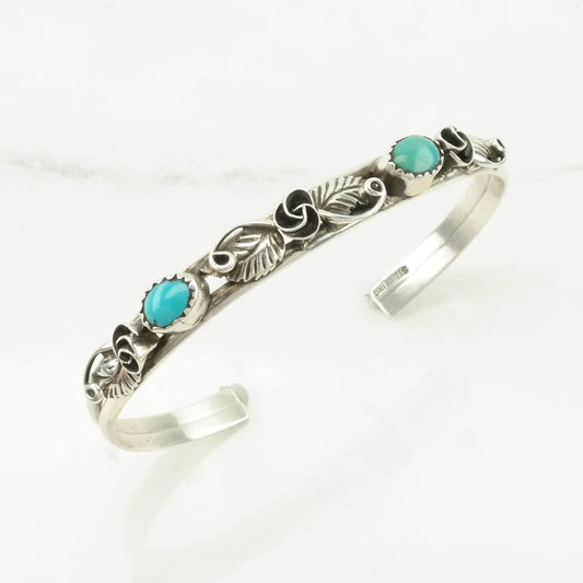 Vintage Southwest Sterling Silver Cuff Bracelet Blue Turquoise Leaf