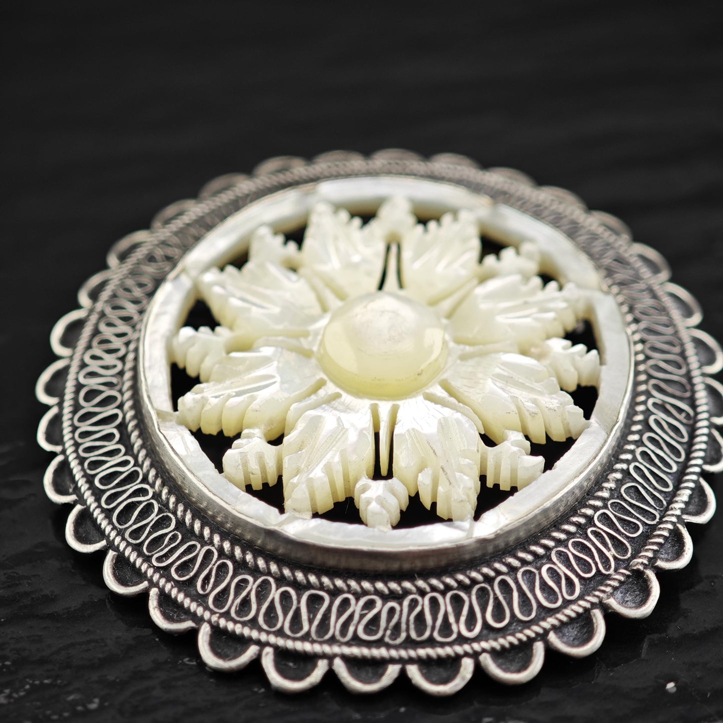 Jerusalem Snowflake, Carved MOP Brooch Pendant Sterling Silver