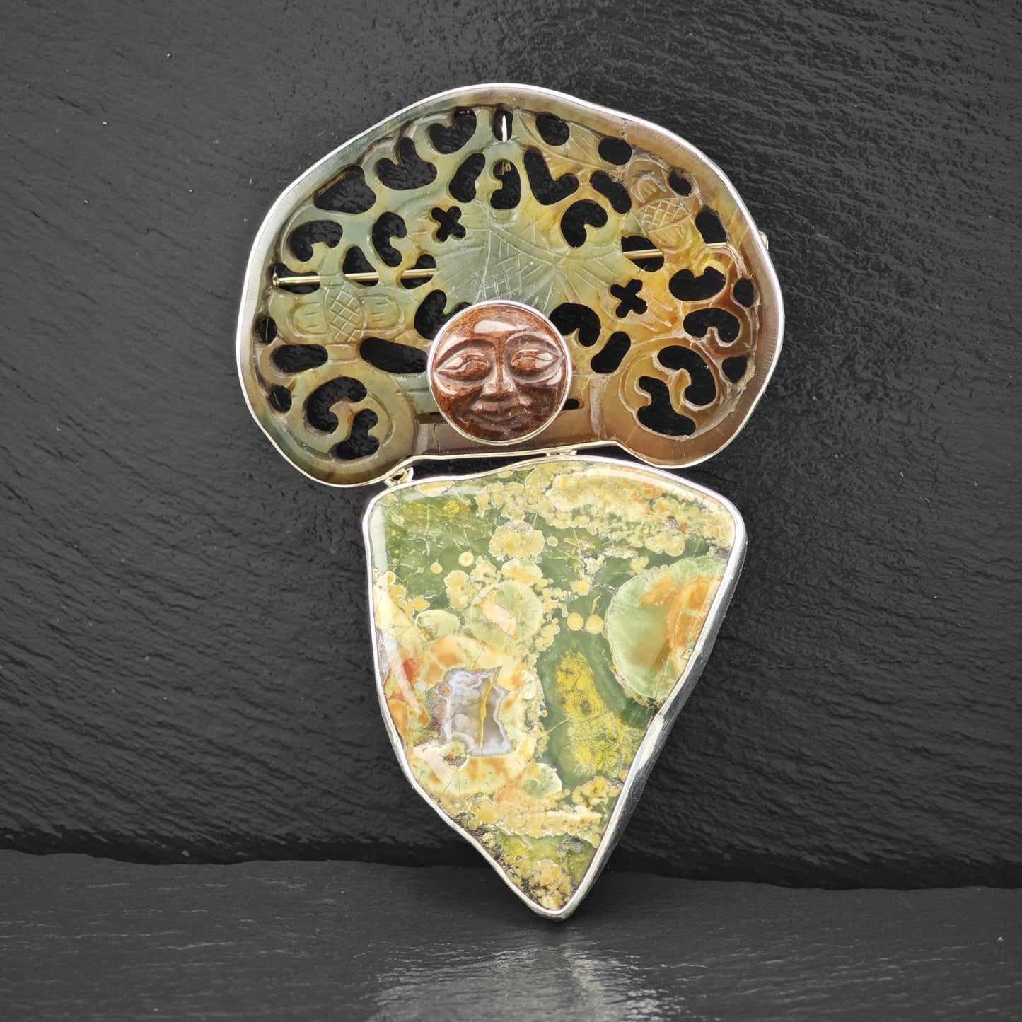 AKR Sterling Silver Brooch Pendant Carved Multi-color Averturine Jasper B2145