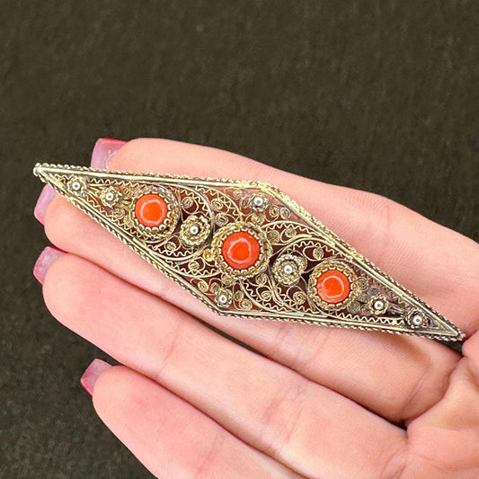 Italian Sterling Silver Brooch Filigree, Gold Tone Coral