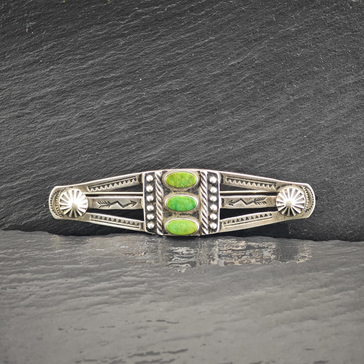 Fred Harvey Era Green Turquoise Stamped Sterling Silver Brooch B2271