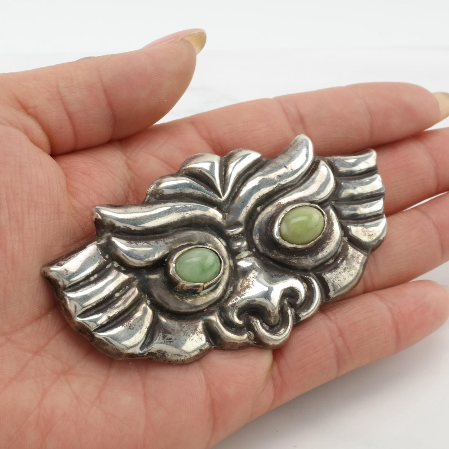 Large Taxco Ghoul Face Brooch Sterling Silver Green Peruvian Jade