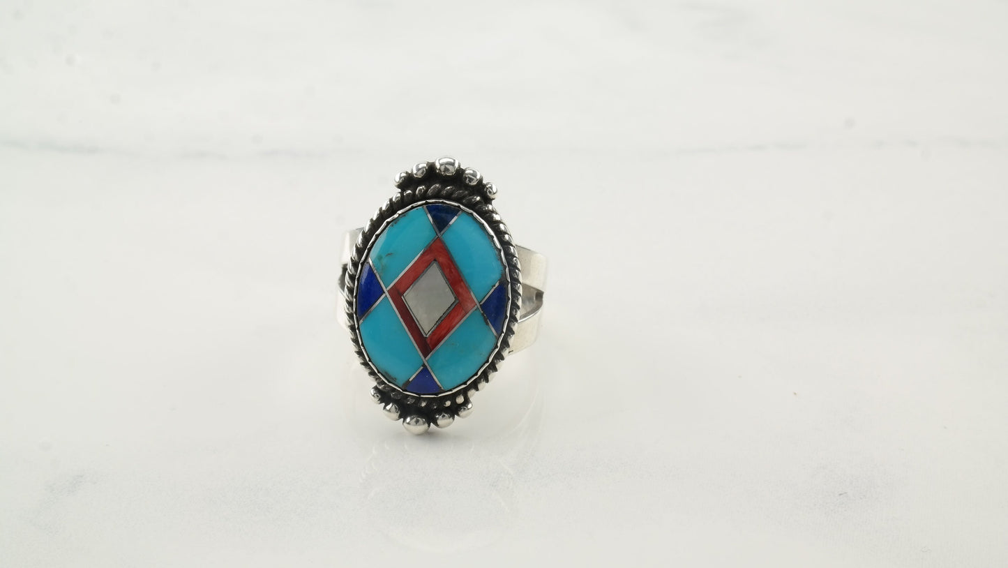 Vintage Relios Silver Ring Turquoise Lapis Lazuli MOP Coral Inlay Sterling Size 6 1/4