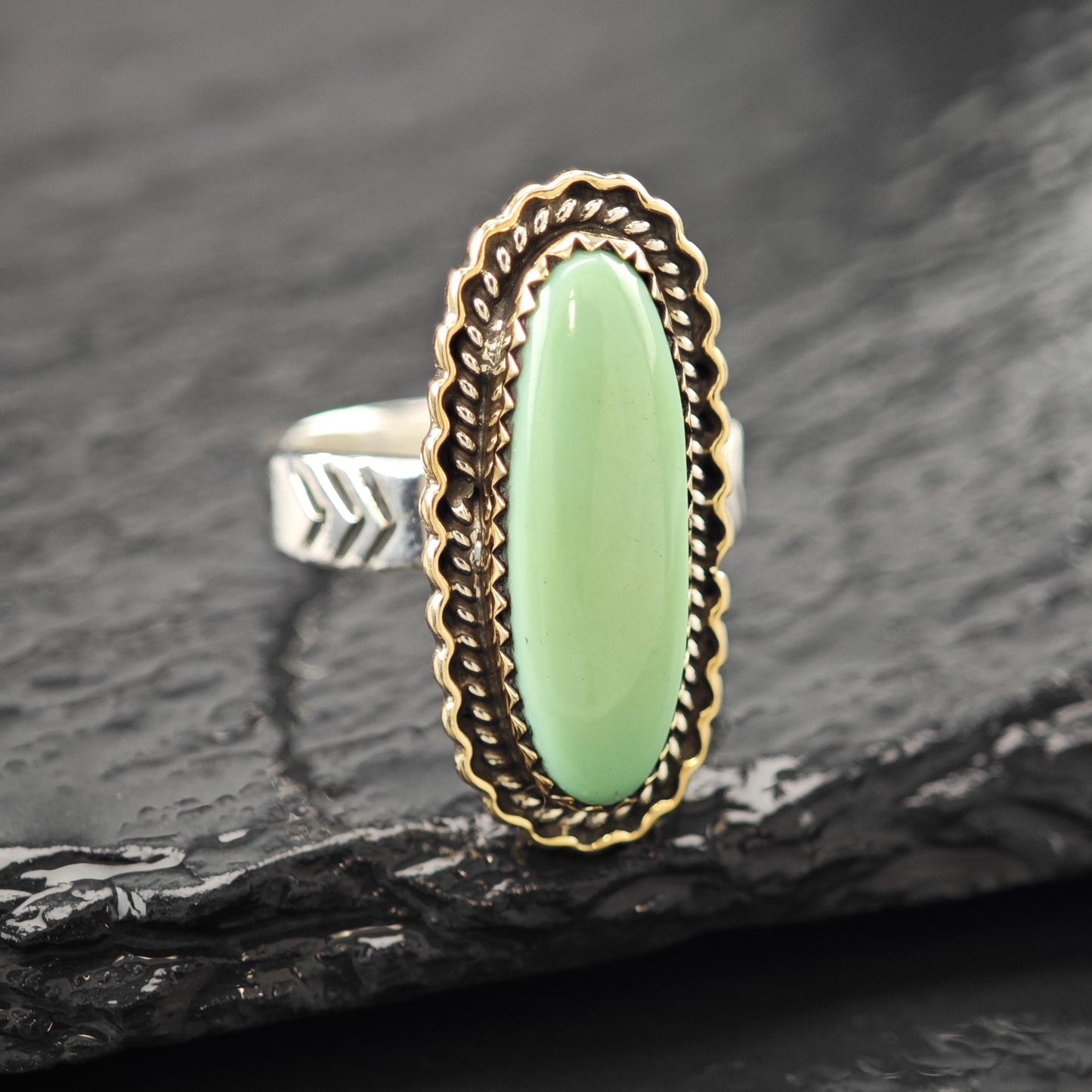 Long DTR Green Variscite Ring Sterling Silver, Brass Accent Sz 7 R5949