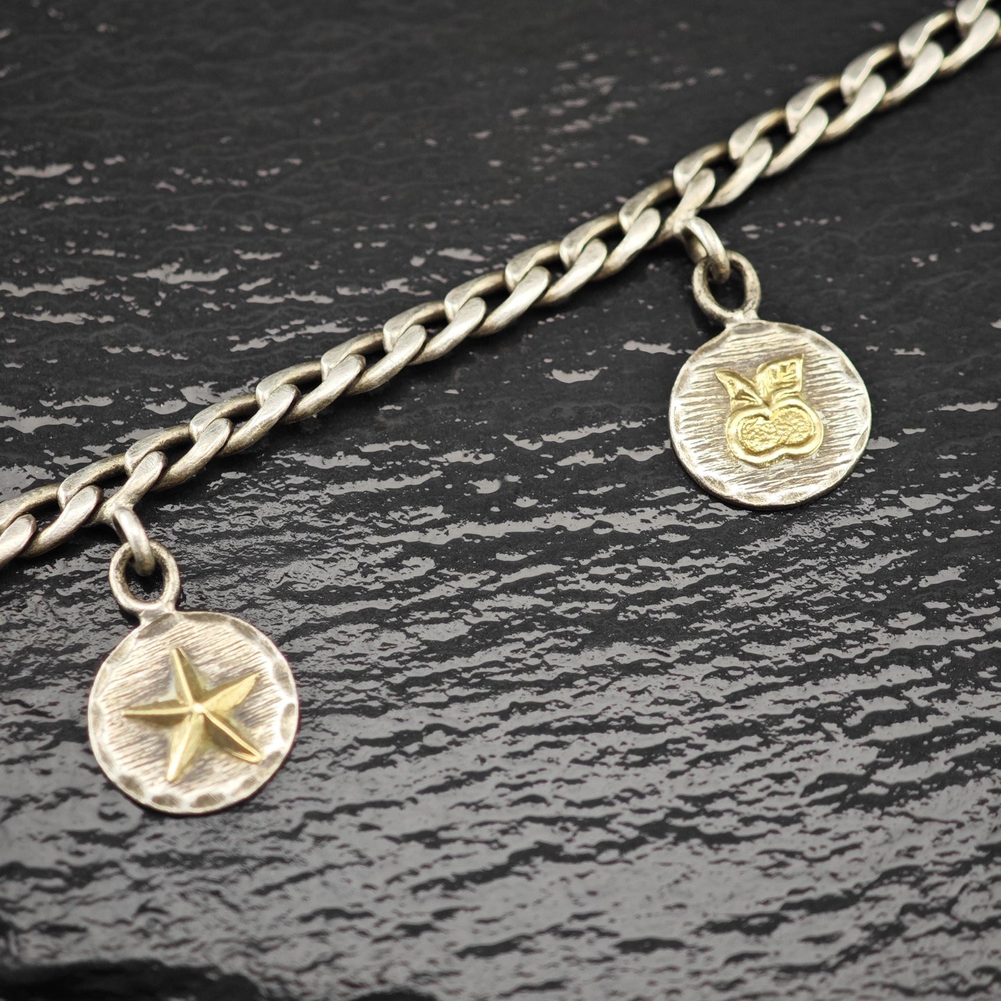 1940's Charms Bracelet 14K Gold Accents Sterling Silver Size 7 3/4"