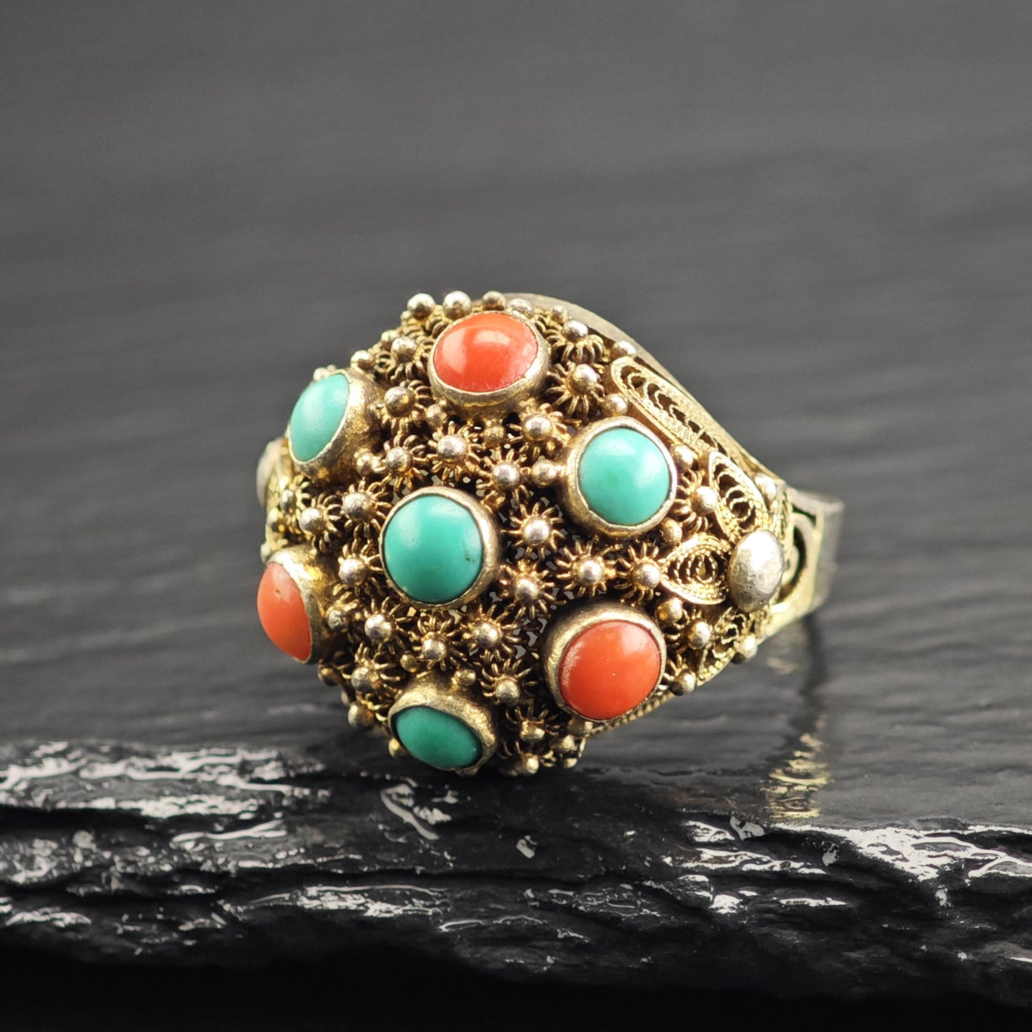 Chinese Export Turquoise & Coral Gold Gilded Ring Sterling Silver Sz 8 1/4 R6618