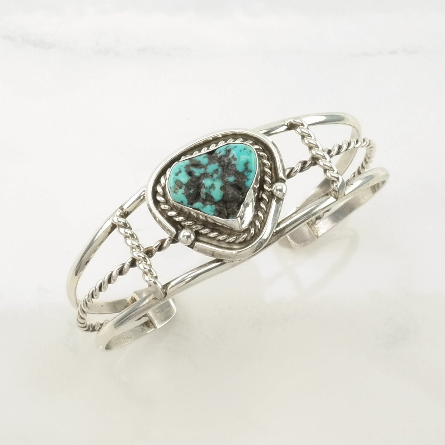 Southwest Sterling Silver Cuff Bracelet Blue Turquoise Rope