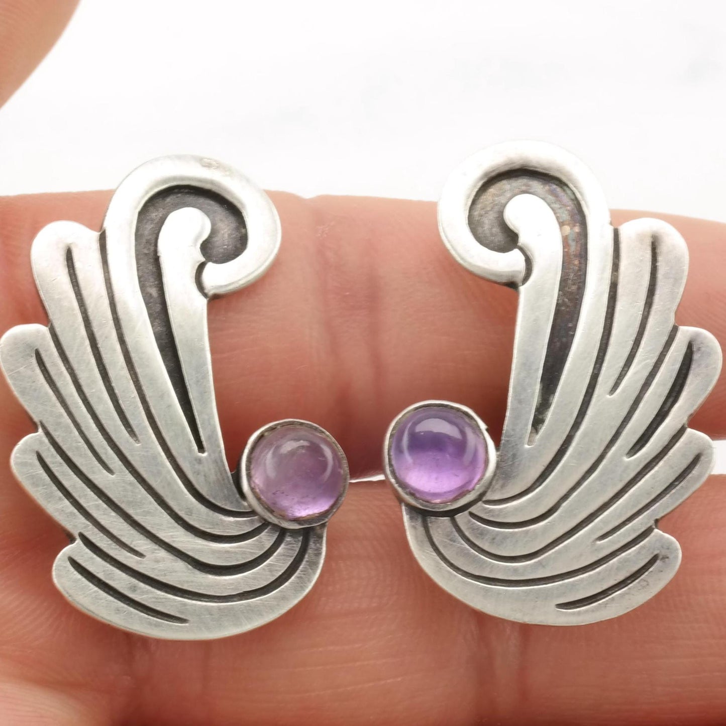 Vintage Taxco Amethyst Sterling Silver Screw Back Earrings Wings or Waves