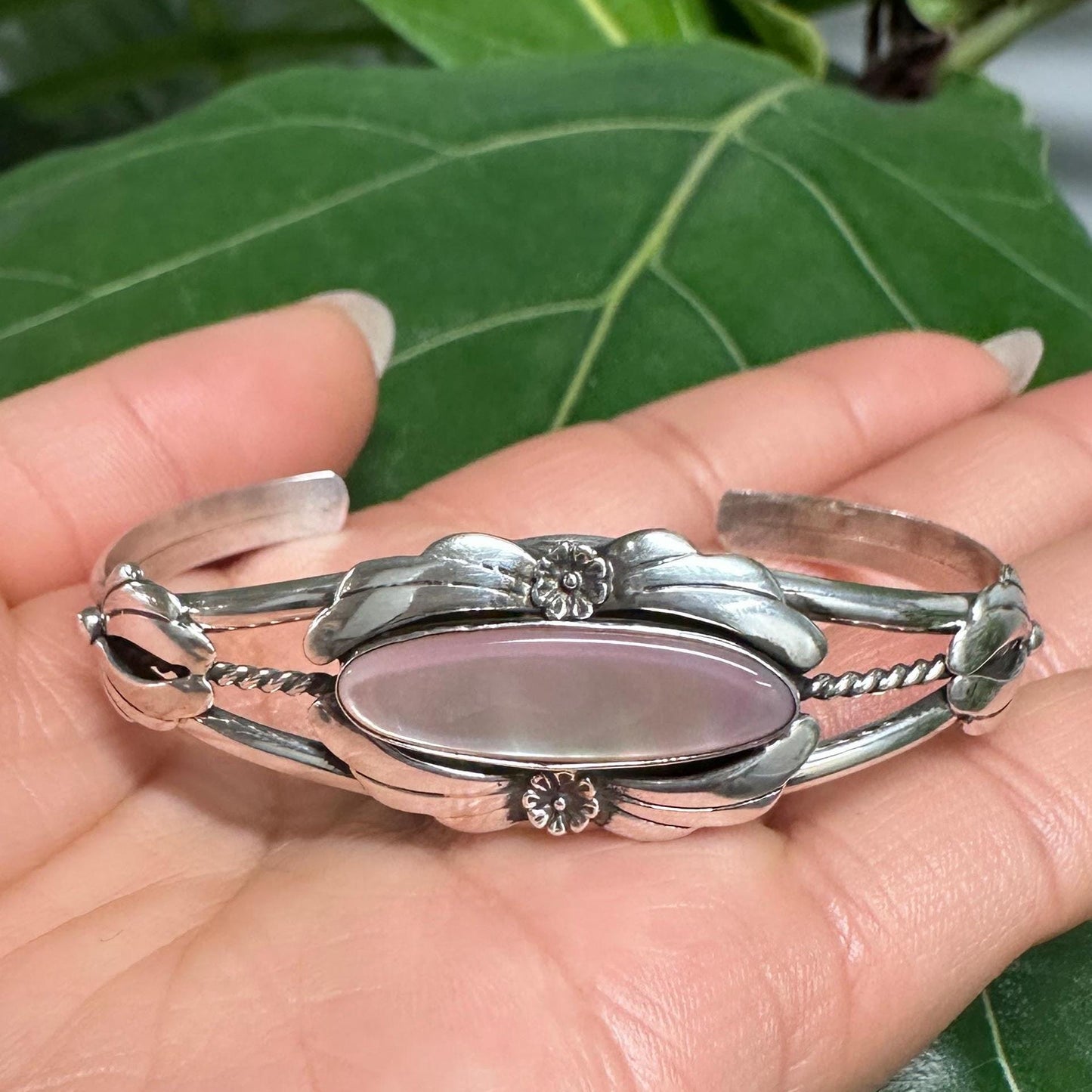 Native American Pink Mother of Pearl, Floral Sterling Silver Cuff Bracelet