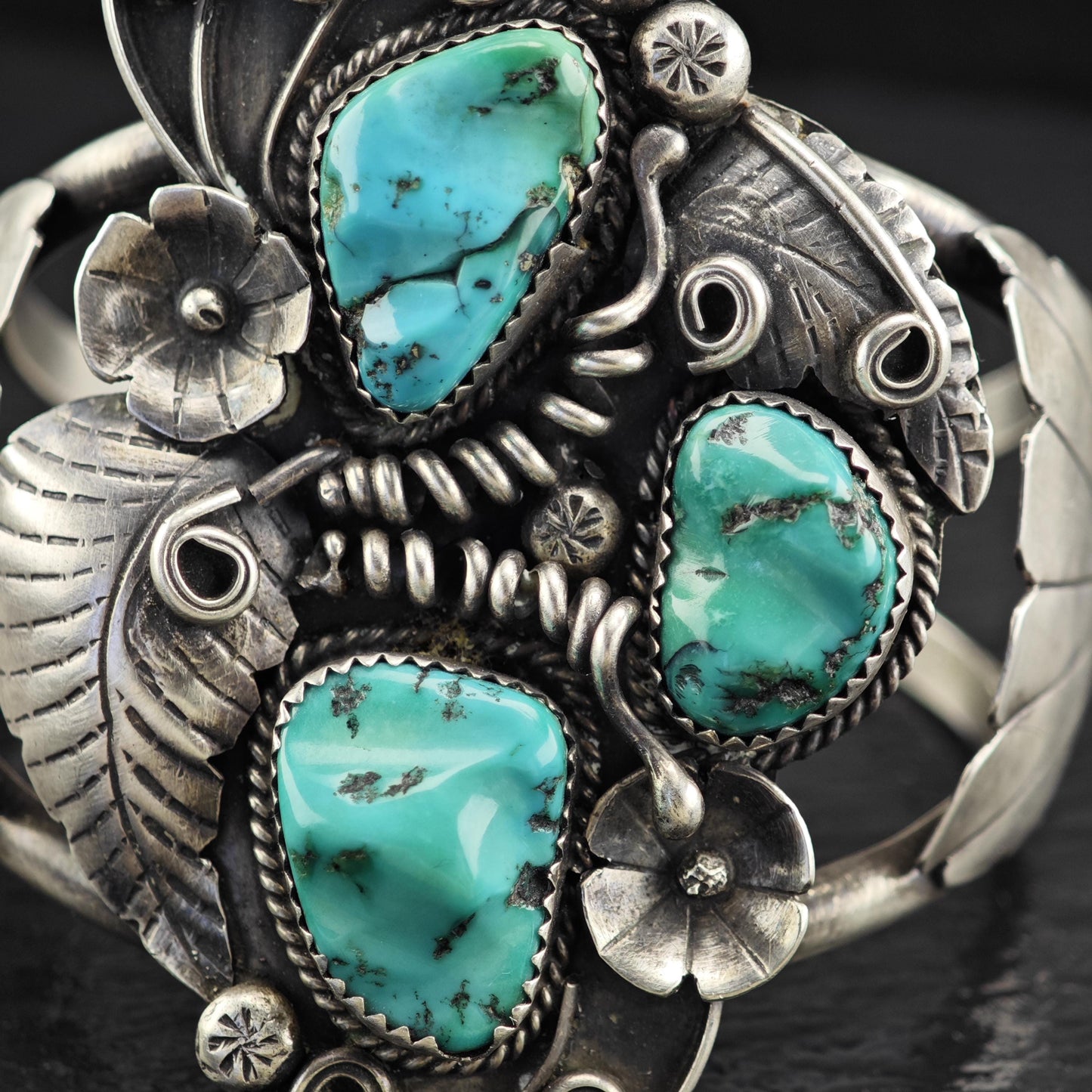 Native American Blue Turquoise Floral Cuff Bracelet Sterling Silver