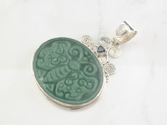 Carved Jade Butterfly Sterling Silver Pendant Sajen