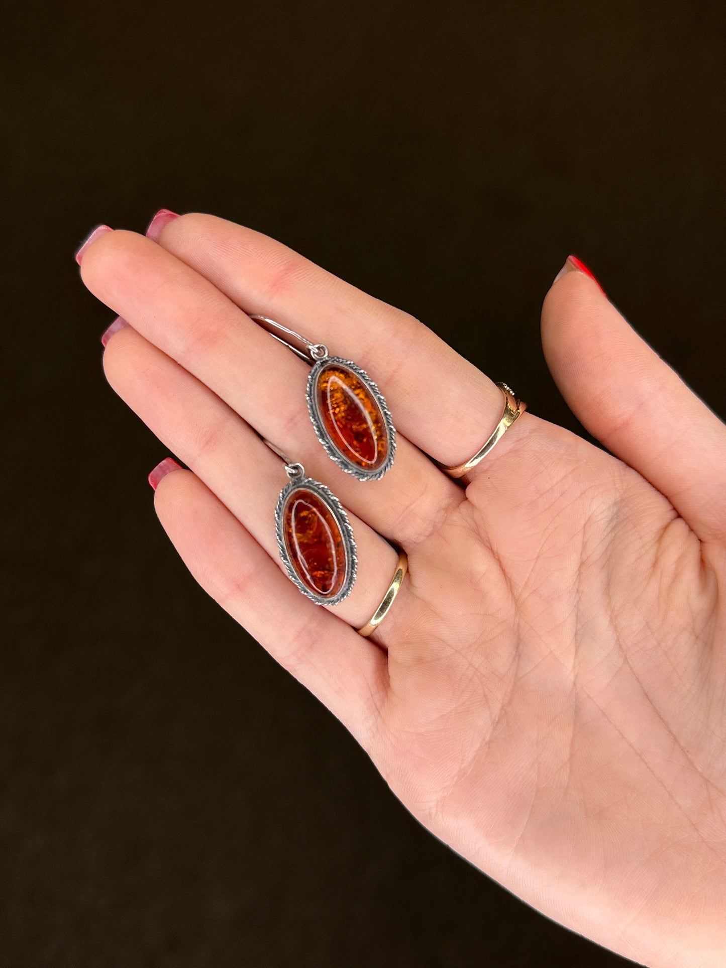 European Sterling Silver Baltic Amber Oval Earrings Fish Hook