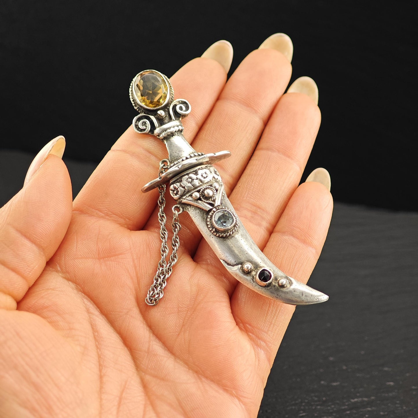 Handmade Sterling Silver Scimitar Brooch with Citrine Aquamarine Garnet Accents