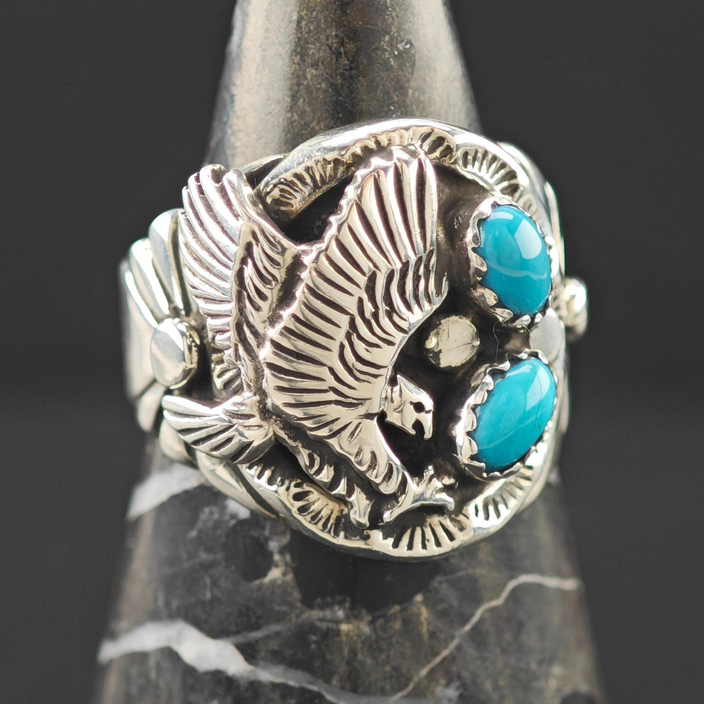 Native American Eagle Block Turquoise Ring Sterling Silver