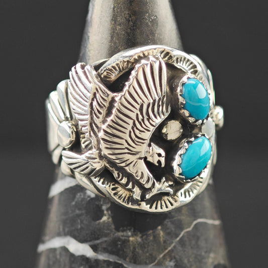 Native American Eagle Block Turquoise Ring Sterling Silver