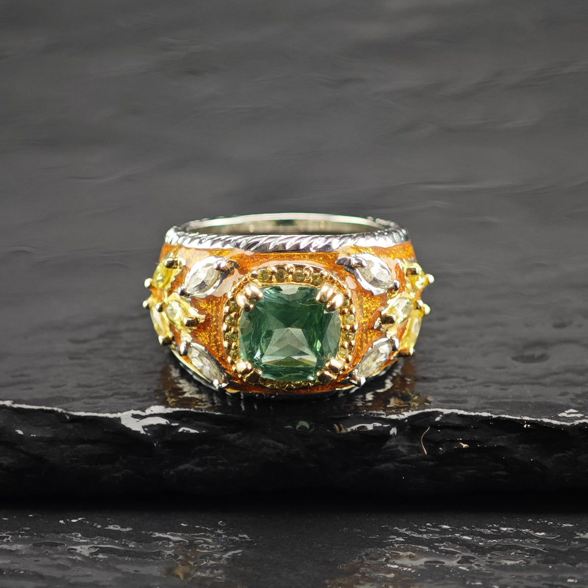 Spinel CZ Orange Enamel Sterling Silver Ring Sz 6 R6836