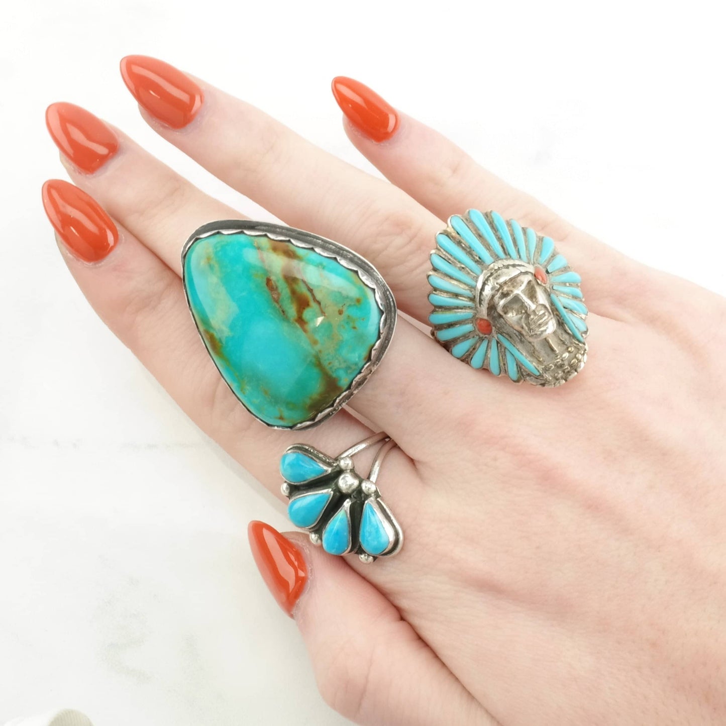 Biker Silver Ring Created Turquoise, Created Coral Headdress, Chief Sterling Blue, Red Size 11 3/4