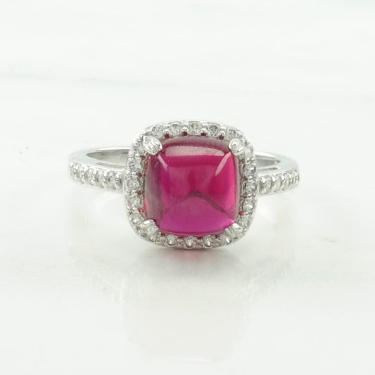 Vintage Sterling Silver Ring Created Ruby CZ Halo Pink Size 8 1/4