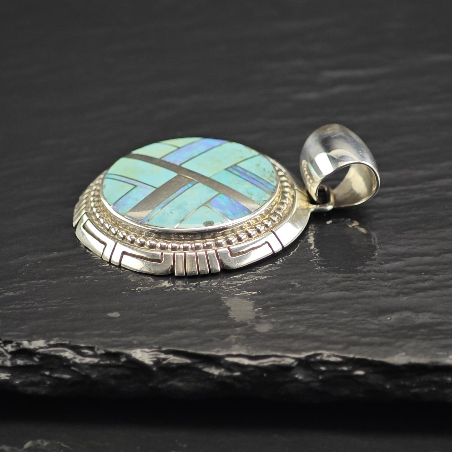 Large Turquoise, Opal Inlay Sterling Silver Pendant P3043
