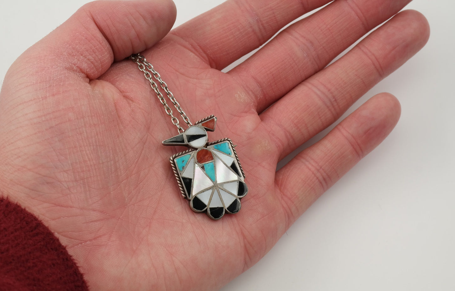 Native American Sterling Silver Turquoise Thunderbird Inlay Necklace