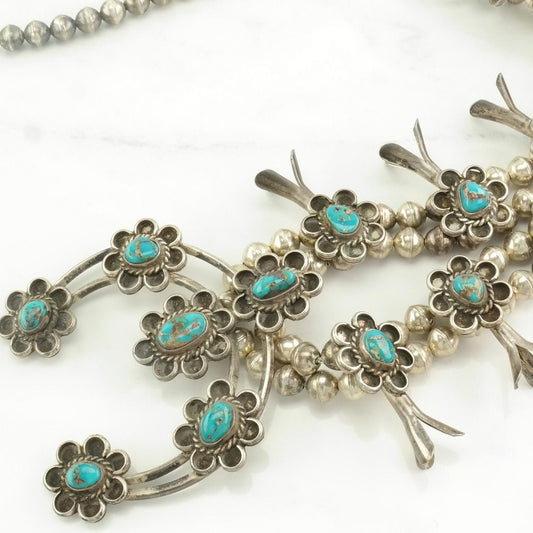 Vintage Native American Sterling Silver Blue Blue Gem, Turquoise Floral Squash Blossom Necklace