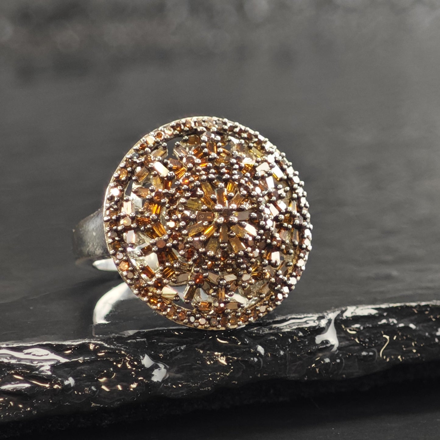 Brown Diamond Cluster Sterling Silver Ring Sz 6 R6609